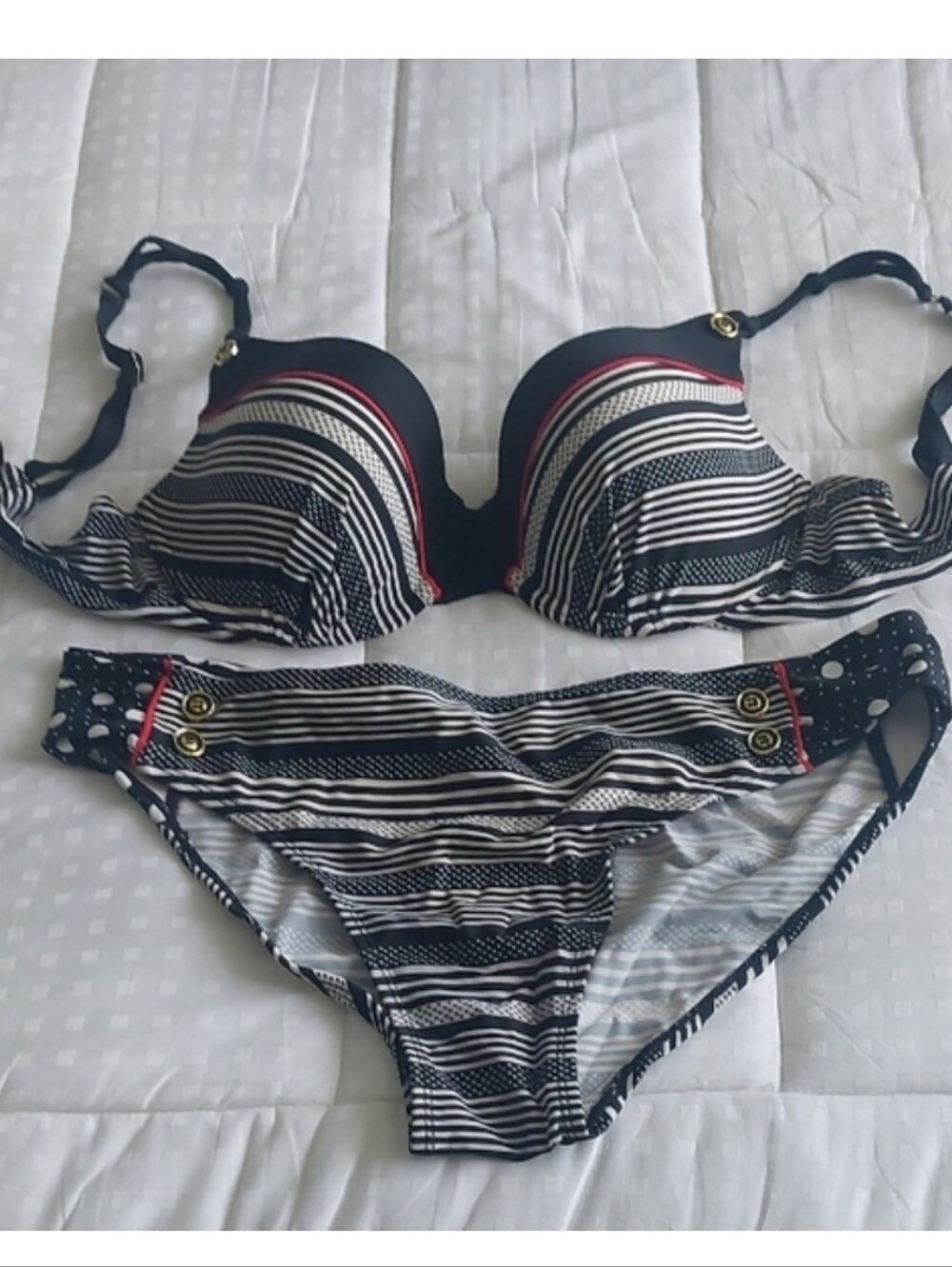 Tano Navy and White Striped Push-Up Bikini with Pink Trim